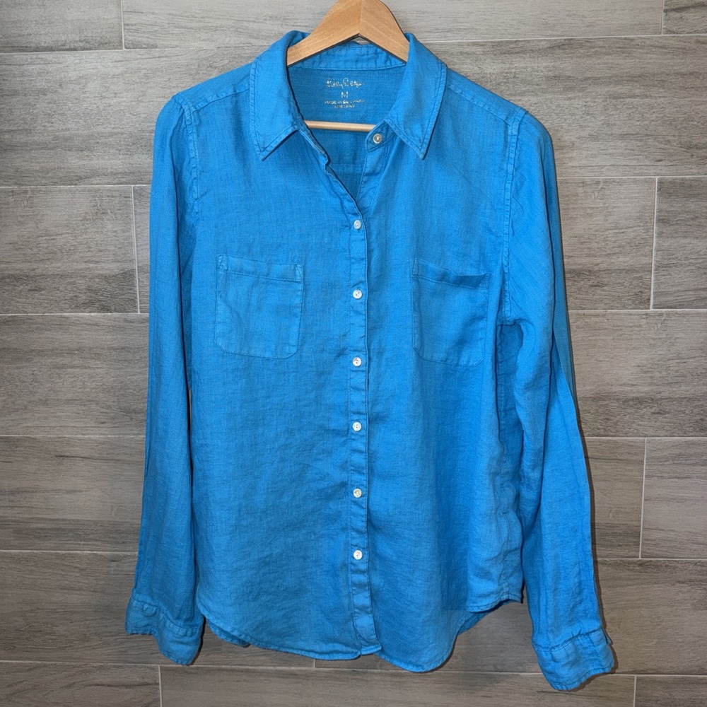 Lilly Pulitzer 100% Linen Button-Up Shirt Womens Medium Turquoise Lightweight